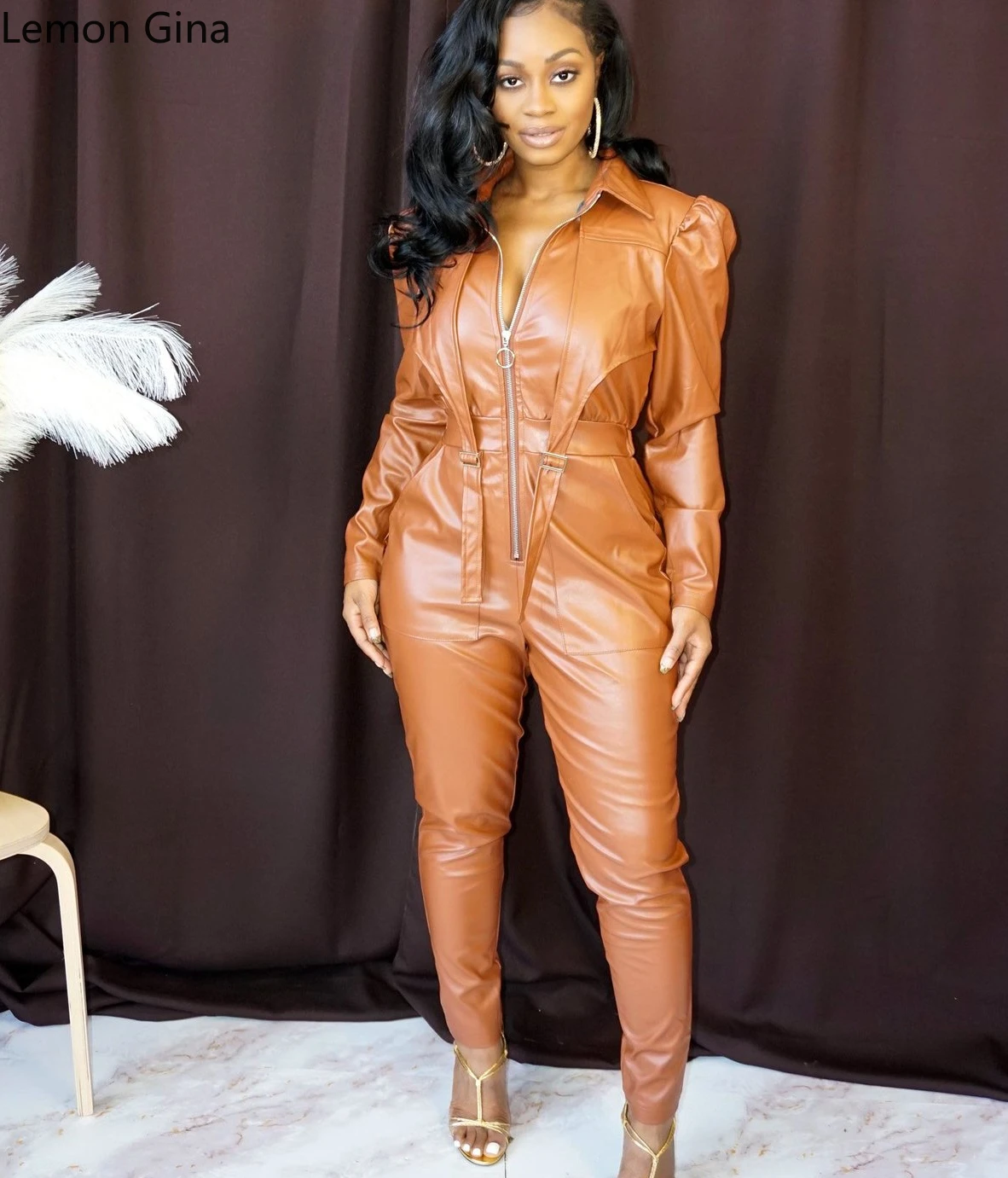 Комбинезон женский из ПУ кожи на молнии с длинным рукавом |