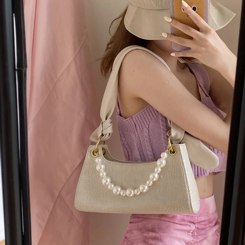 

fashion pearls chains women shoulder bags designer baguettes handbags luxury alligator crossbody messenger bag lady small purses