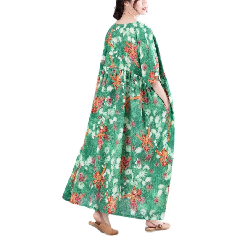 

COIGARSAM Print Women dress New Summer Loose Dresses Green 3072