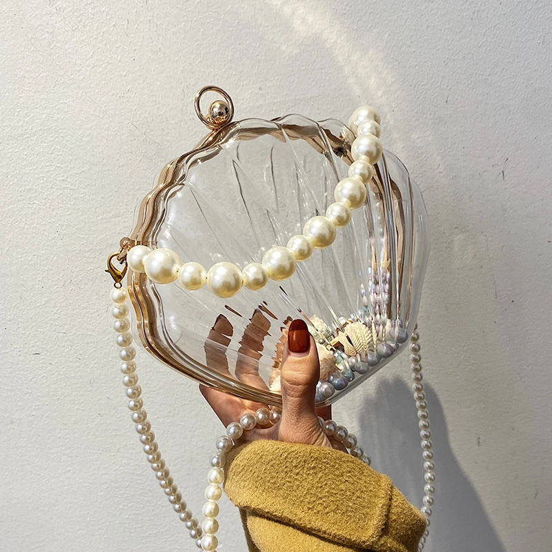 

Прозрачная сумка на ремне с жемчужной цепочкой, модный саквояж кросс-боди для женщин, дизайнерский роскошный клатч, 2020