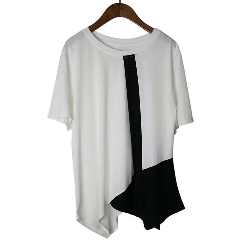 

Summer New Fashion Women Contrast Color Split Big Size T-shirt New Round Neck Long Sleeve Fashion Tide Loose Irregular Tops