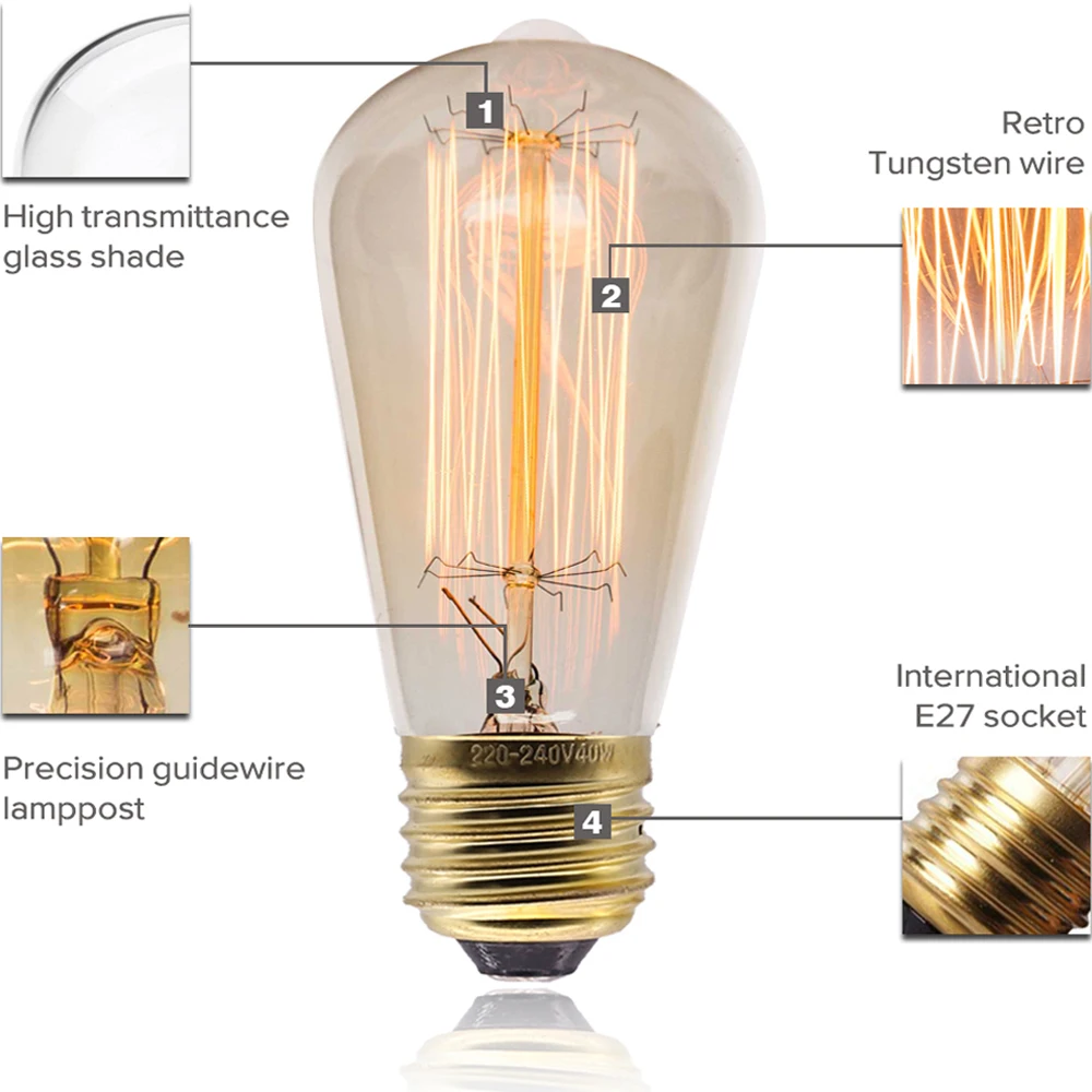 Винтажная лампа накаливания Edison E27 Лампа промышленный Декор ретро лампы 220 В 40 Вт
