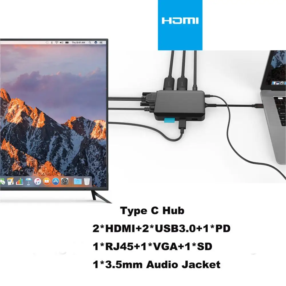USB C концентратор 9 в 1 взаимный обмен данными между компьютером и периферийными устройствами с Тип-C 3,0 USB-C к HDMI 4K SD/TF Card Reader PD зарядки Gigabit Ethernet адаптер для MacBook Pro концентратора