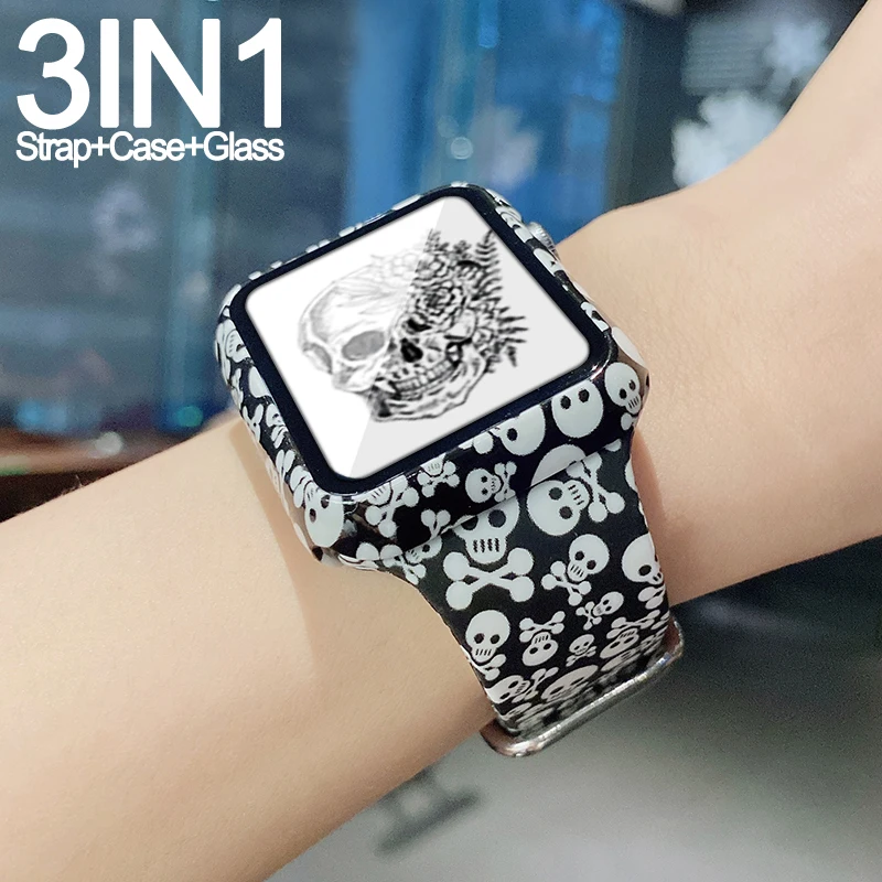 

Силиконовый ремешок + чехол из закаленного стекла для Apple Watch 5 4 3 2 band 40 мм 44 мм, браслет + бампер для iWatch Series SE 6 5 4 38 мм 42 мм