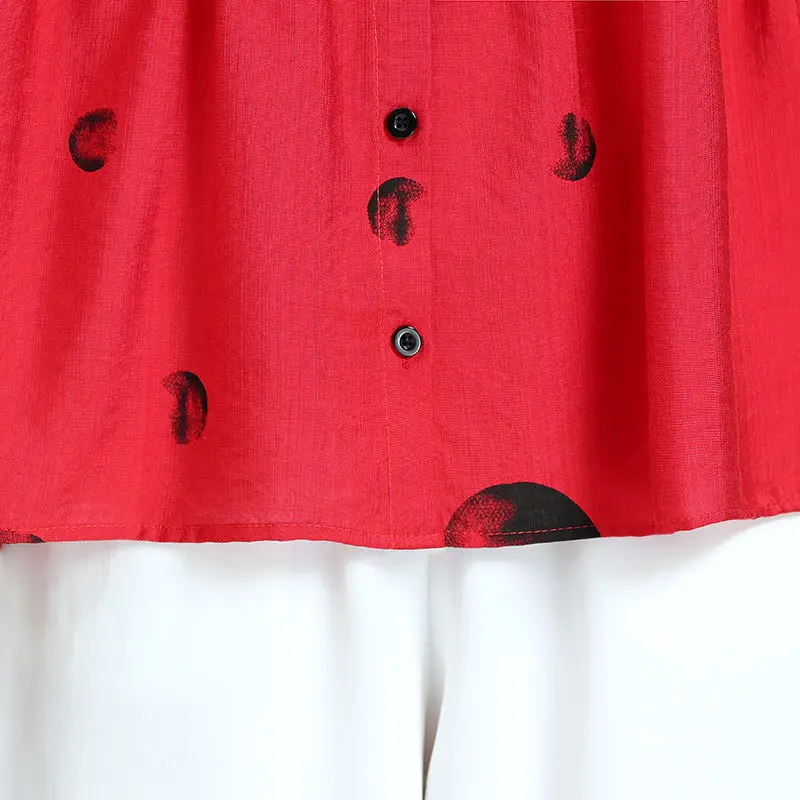 

New 2021 Summer Women Cotton Linen Printing Short Sleeve Shirt Top Femme Casual O-neck Loose Patchwork Clothing Blouses Tops