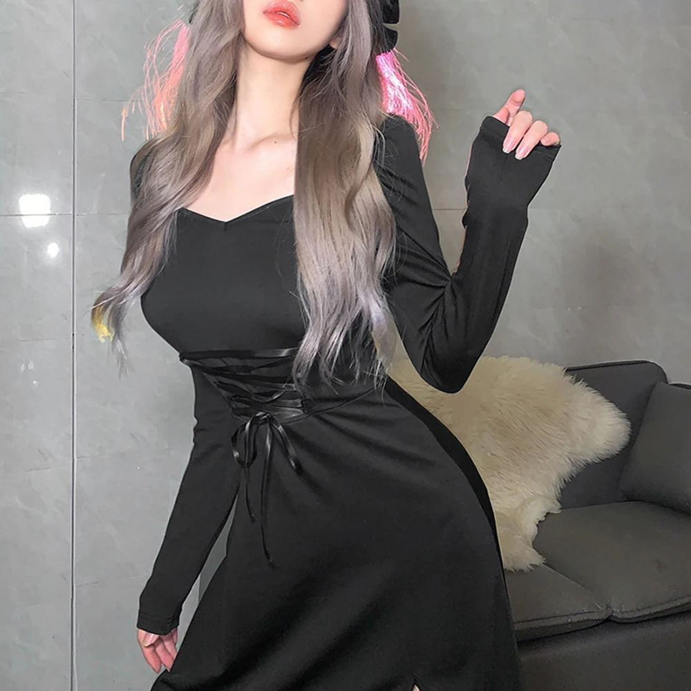 

Autumn Casual Black Slit Wrap High Waist Maxi Dress Slim Long Sleeve Backless Square Collar Sexy Elegant Party Gothic Vestidos