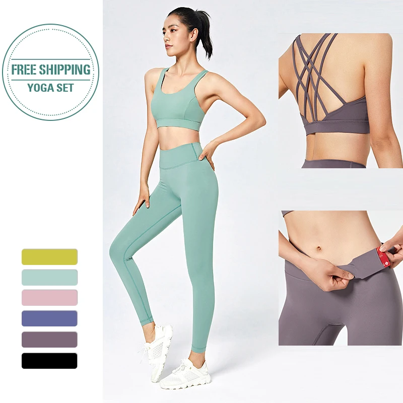 

Леггинсы женские спортивные с высокой талией, с бюстгальтером и штанами, 2 шт.