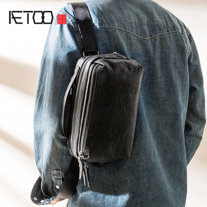 AETOO Leather trendy casual men's chest bag, first layer cowhide simple men's shoulder bag, leather handbag