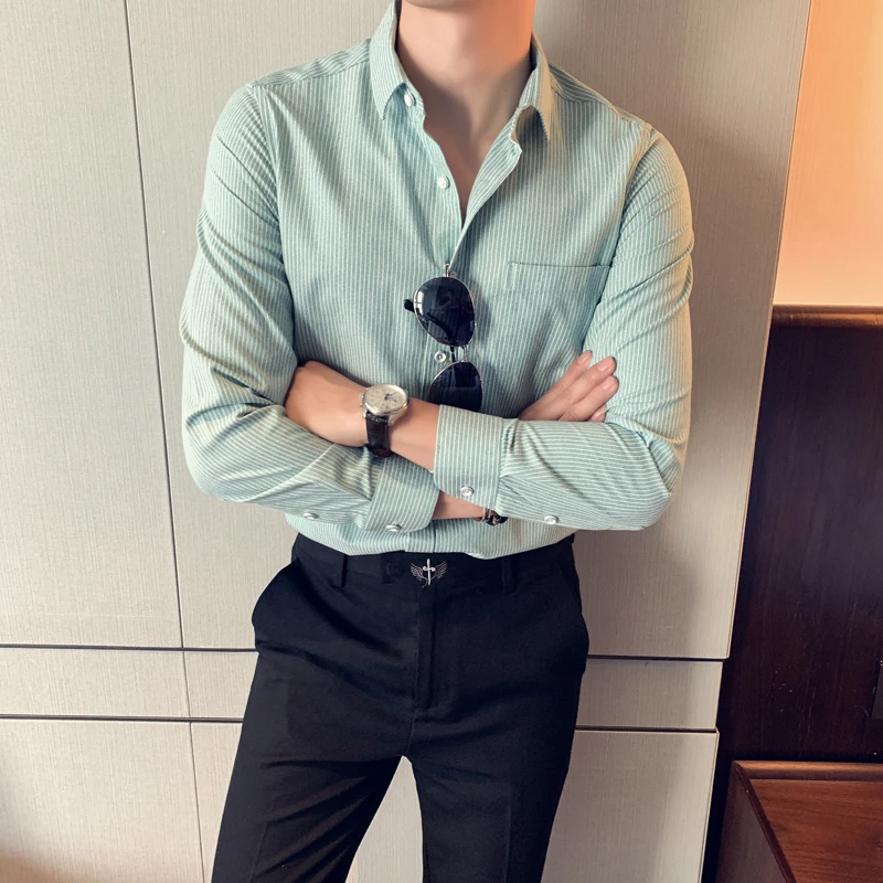 Мужская рубашка в британском стиле сезон осень-зима свободная полоску мужские