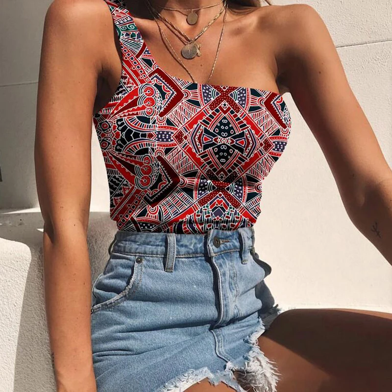 

Women One Shoulder Tank Tops Vest Crop Top Vintage Sleeveless Bohemian Print Slim Fit Camisole Tanks Clothes Summer Female New