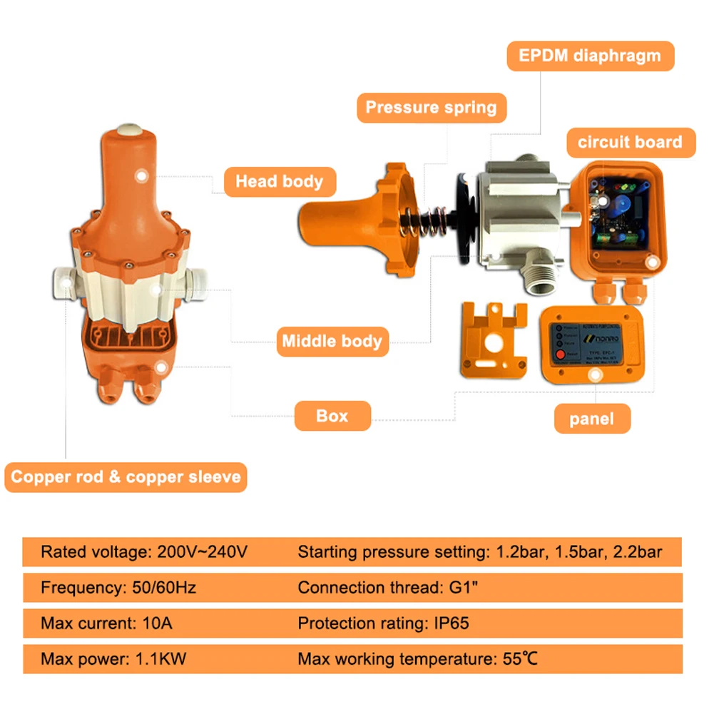 10A 220V ~ 240V IP65 автоматический выключатель регулируемые водяной насос Давление