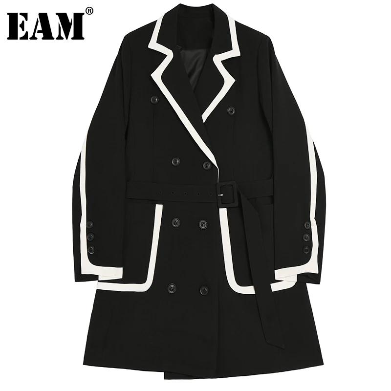 

[EAM] Women black topstitched Trench New Lapel Long Sleeve Loose Fit Windbreaker Fashion Tide Spring Autumn 2021 1DE3531