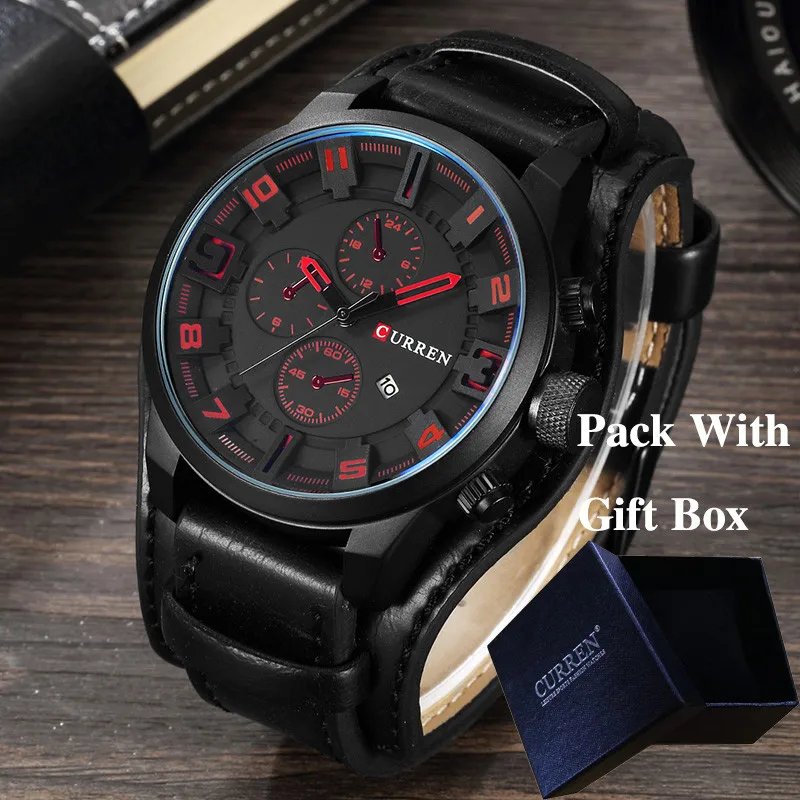 blackblackredbox CURREN Топ бренд класса люкс мужские s часы мужские часы Дата Спорт военный кожаный ремешок для часов кварцевые мужские деловые часы подарок 8225 - Цвет: blackblackredbox