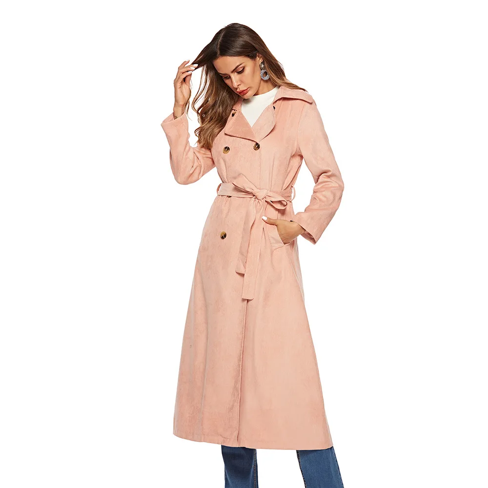 

MAIDANGDI Woman Pink Trench 2020 New Spring Long Coat Women Cloths Casual Corduroy Adjustable Waist Slim Solid