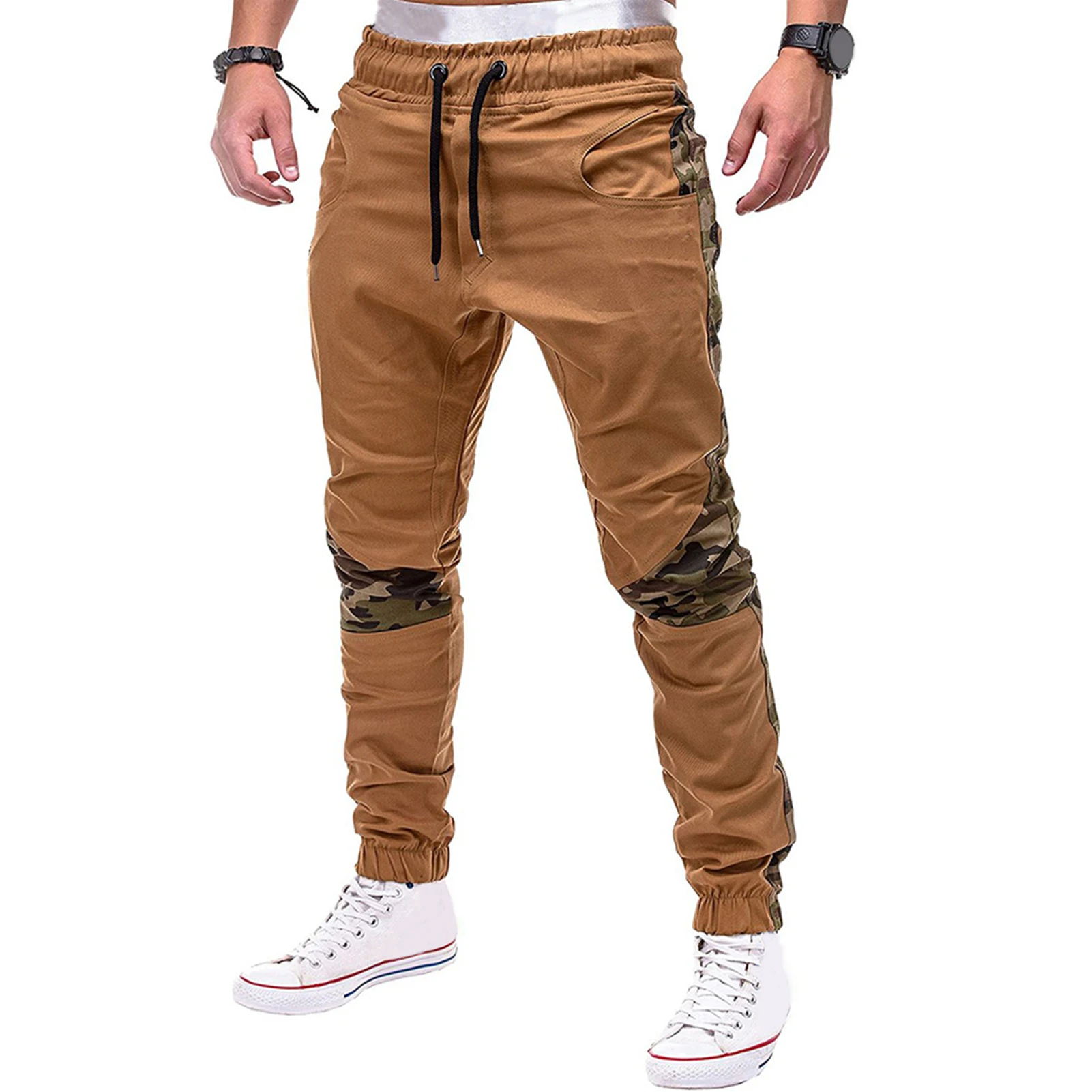 

Men Outdoor Gym Pants Elastic Sweatpants Gym Pants Men Camouflage Patchwork Skinny Pants Drawstring Ankle Tied Sports Trousers