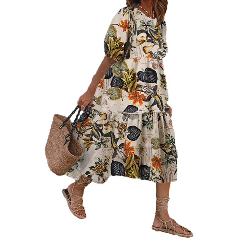 

Casual Big Swing Maxi Dresses For Women 2021 Summer New Ladies Floral Printed Round Neck Short-Sleeved Loose Dress Femme Robe