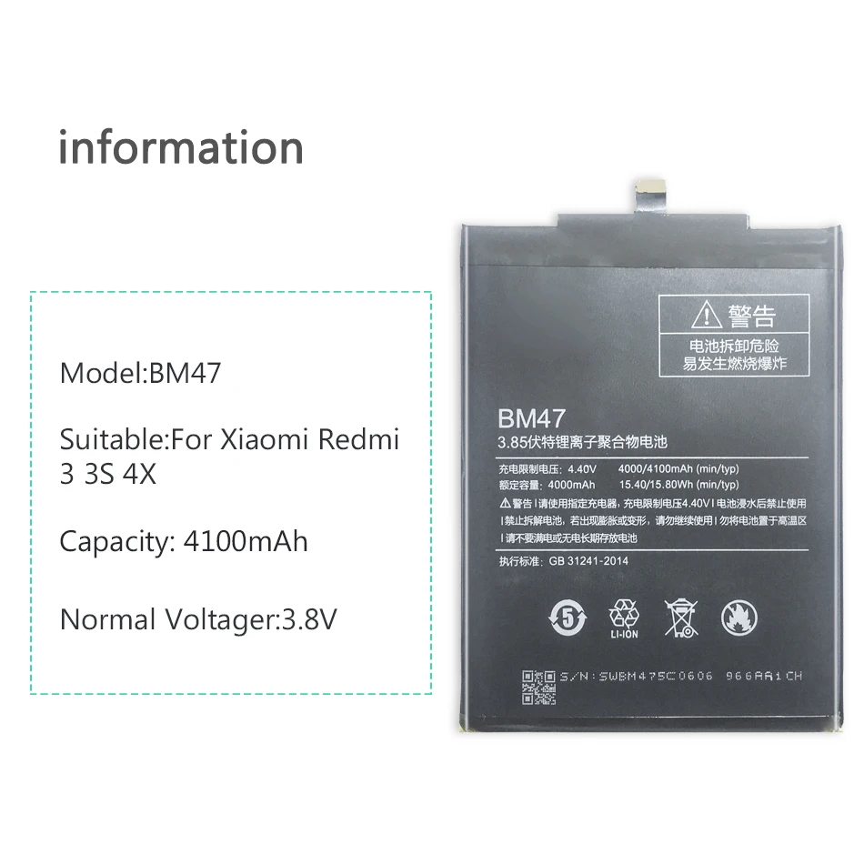 Аккумулятор для мобильного телефона Xiao mi BM47 4100 мАч Сменный аккумулятор для Xiao mi Red mi 3 3S 3X 4X note 3 pro Hong mi Red mi 4x
