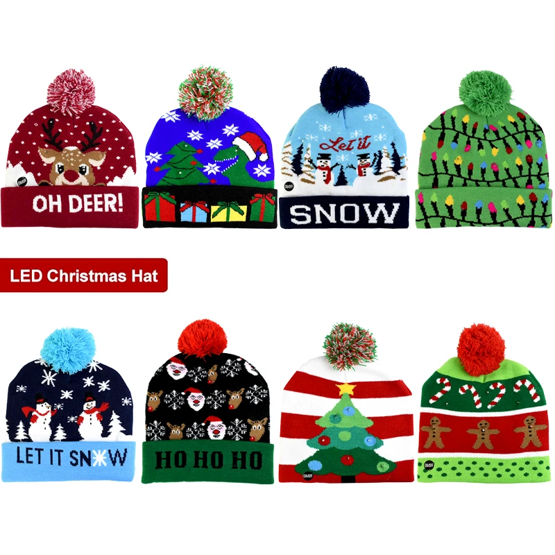 

1Pcs Santa Claus Christmas Caps LED Light Up Beanie Knitted Hat For Children Adult Christmas Hat New Year Xmas Tree Navidad Gift