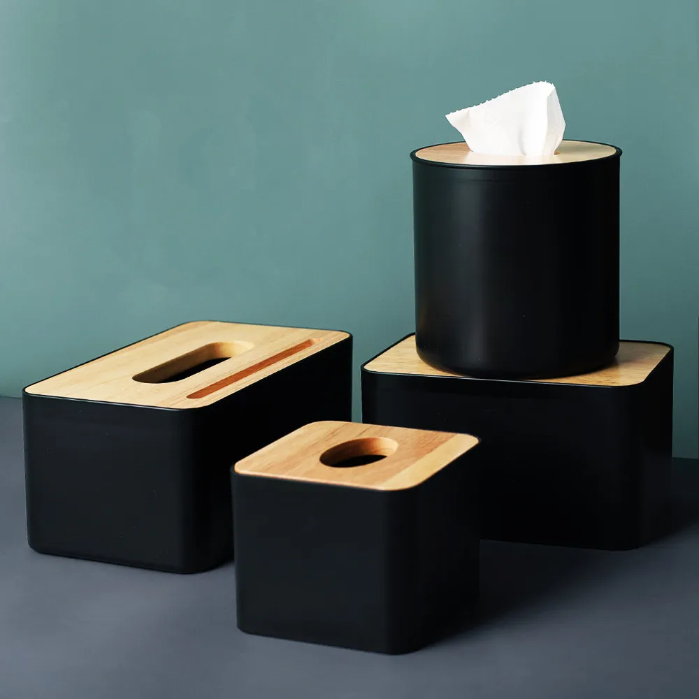 

Modern Black Color Tissue Containers with Phone Holder Wood Cover Seat Tyle Roll Paper Tissue Canister Cotton Pads Storage Box