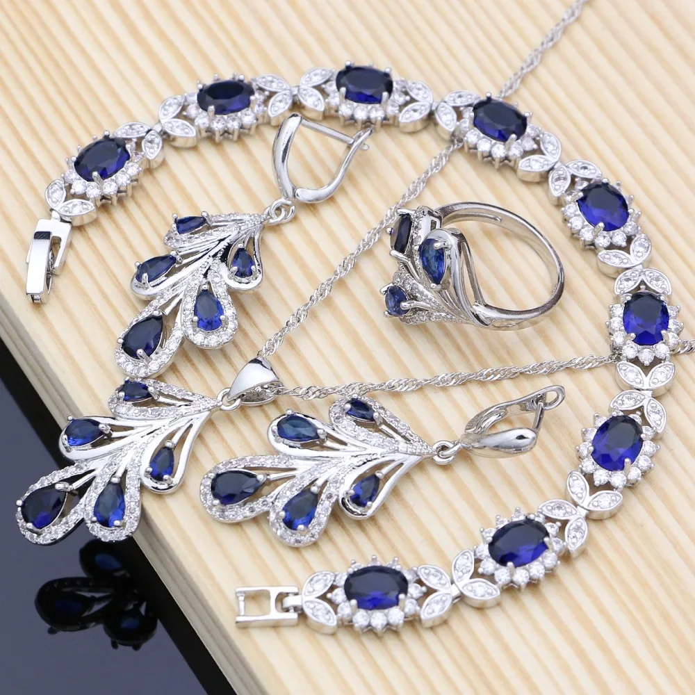 925 Sterling SilverJewelry Set Blue Zircon White Crystal Costume For Women Stones Leaves Earrings Rings Bracelet Necklace Set