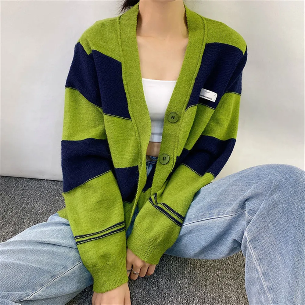 

Women Black Green Stripes Long Sleeve Knitted Cardigan Casual Soft Loose Single-Breasted Sweater Coat For Autumn And Winter