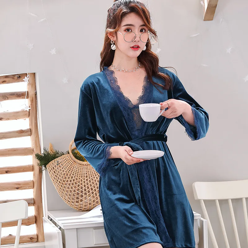 

Women's Nightdress Suits Casual Home Wear Long Sleeve Sexy Lace Nightdress Hot Sale Pajamas Two-piece Cardigan suspender Pajamas