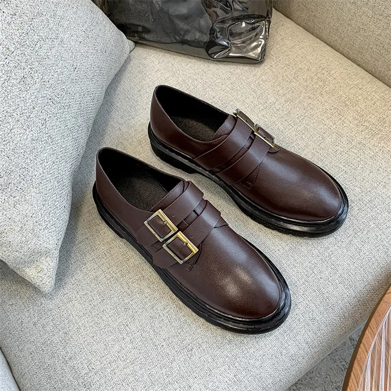 

Meotina Flat Platform Shoes Women Natural Genuine Leather Flats Shoes Round Toe Buckle Footwear Female Casual Shoes Brown Black
