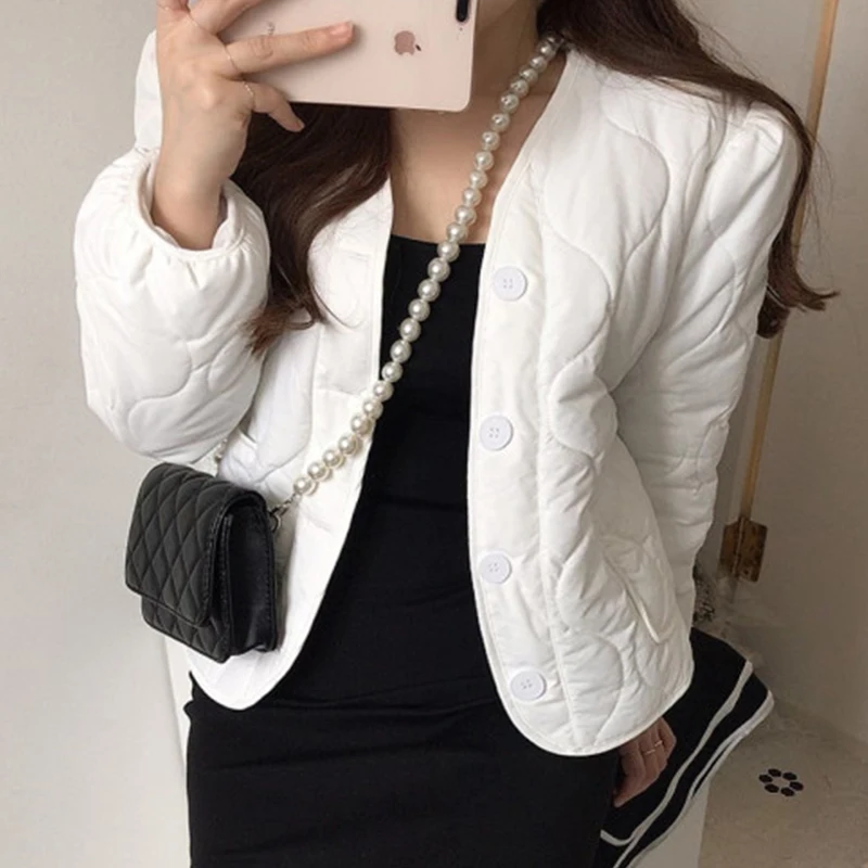 

Женская Стеганая куртка в клетку, однобортная свободная стеганая куртка в Корейском стиле с V-образным вырезом и двумя карманами, 2021