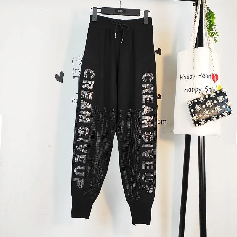 Джоггеры женские на шнуровке спортивные брюки Стразы летние свободные вязаные