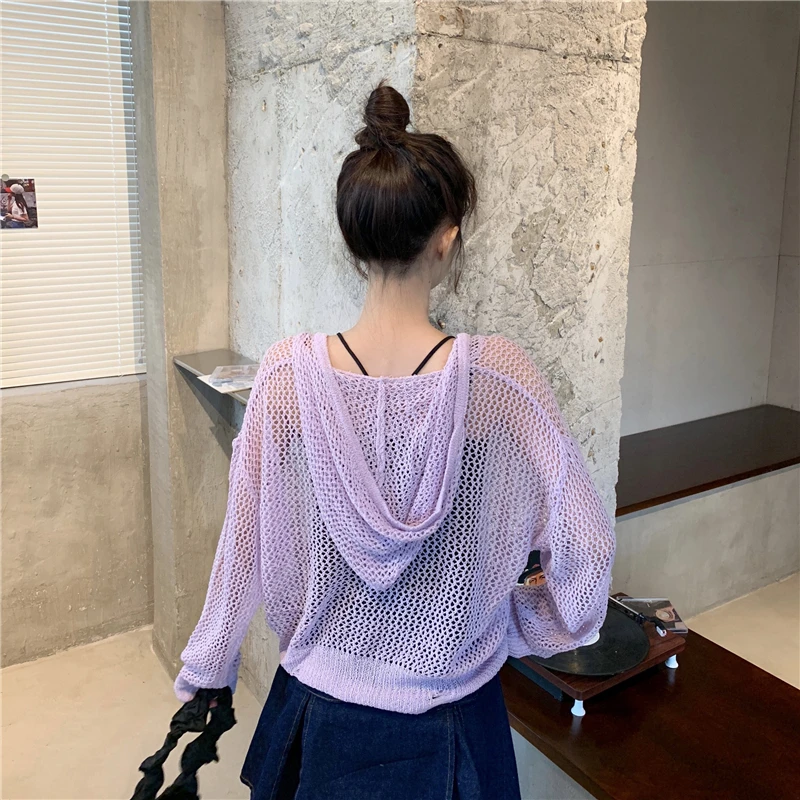 

spring fall long sleeve fashion brand perspective clothing pullovers knitted sweater women hooded casual loose tops harajuku