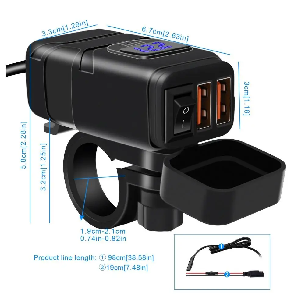 

Motorcycle Charger 12V Dual USB Adapter Quick Charge 3.0 Voltmeter Accessory