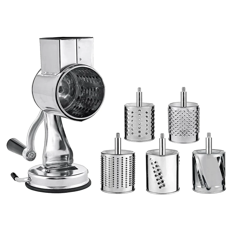 

Stainless Steel Cheese Grater, Rotary Chopper, Vegetable Shredder Salad Slicer Multi-Use Hand Grater Grinder 5 Blades