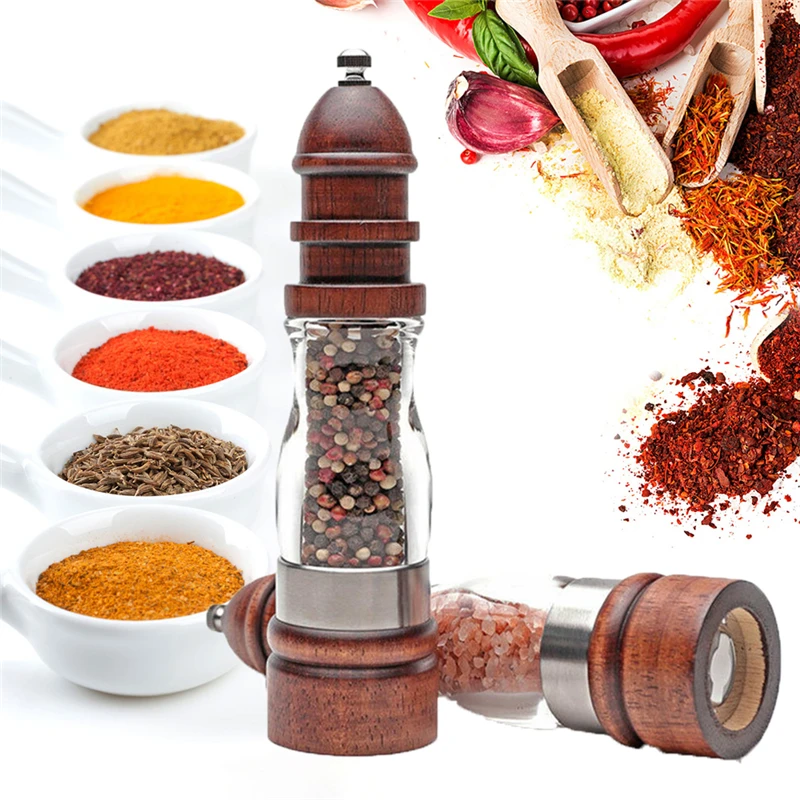 

Деревянная мельница для соли и перца, набор ручных деревянных и акриловых мельниц, регулируемая грубость для специй, шлифовальные кухонные ...
