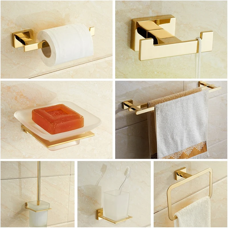 

Gold Stainless Steel Hardware Set Robe Hook Cup Holder Towel Bar Soap dish Toilet Brush Wall Golden Towel Bar Shower Accessories