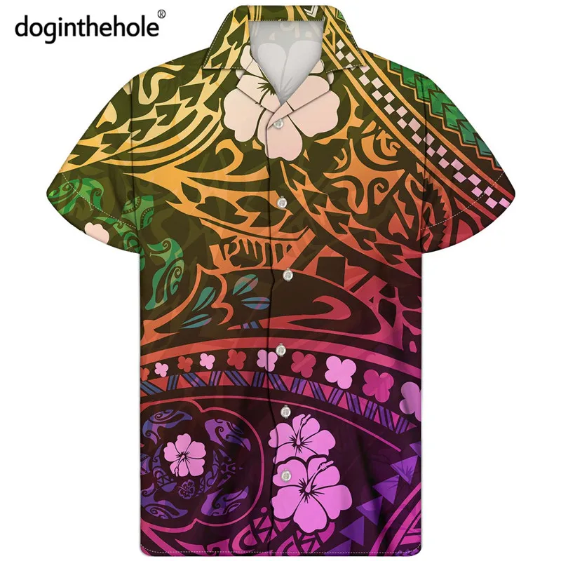 

Модные Гавайские рубашки с градиентом для мужчин, летняя удобная Пляжная рубашка, полинезийский Племенной принт, повседневные топы с корот...