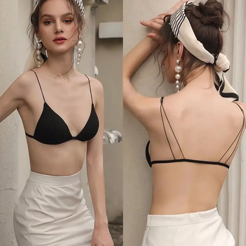

Anewmorn Triangle Cup Women Bra Fixed Shoulder Strap Wire Free Wrapped Chest Soft Breathable Polyester White Black Caimsole