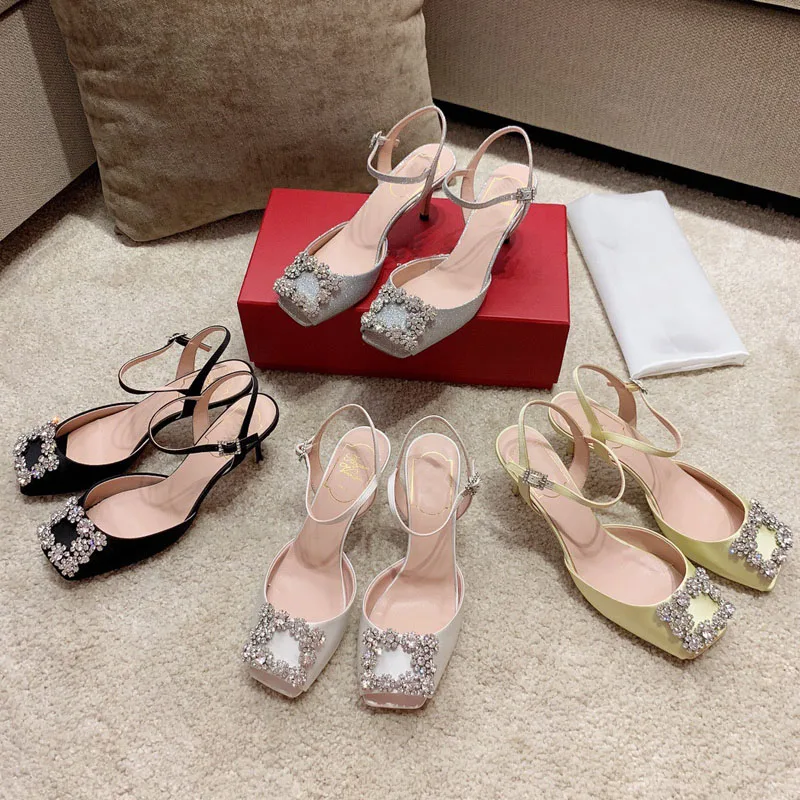 Women's shoes square buckle silk sandals female high-heeled new square head rhinestone buckle leather fish mouth women's shoes