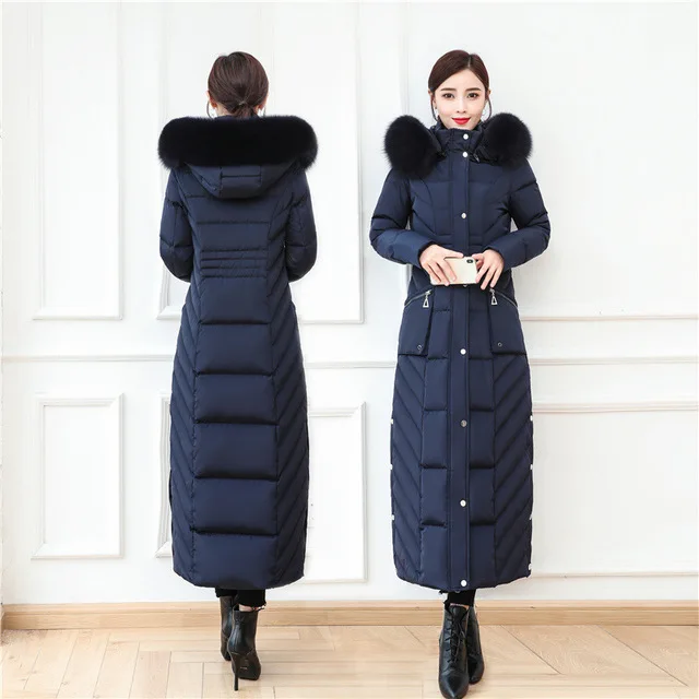 S- 4XL plus size Winter over the knee X-long 90% Duck down coat female X-Long thick warm Down Jacket real fox fur Parkas F442