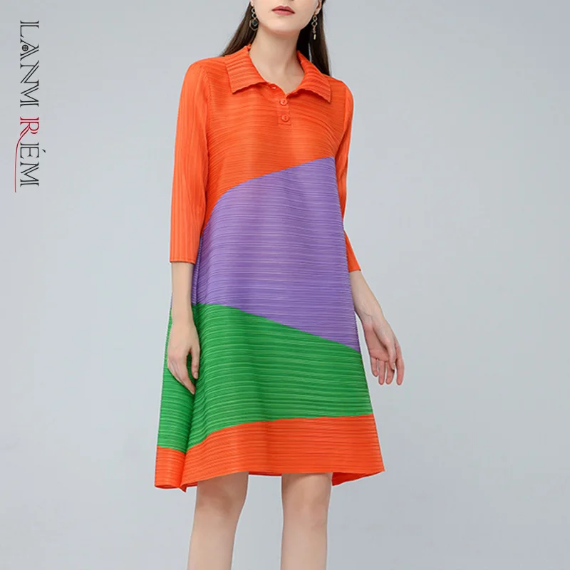 

LANMREM Stitching Color Dress Women's Summer Lapel Three Quarter Sleeves Contrast Dresses Female Elegant Clothing 2D3939
