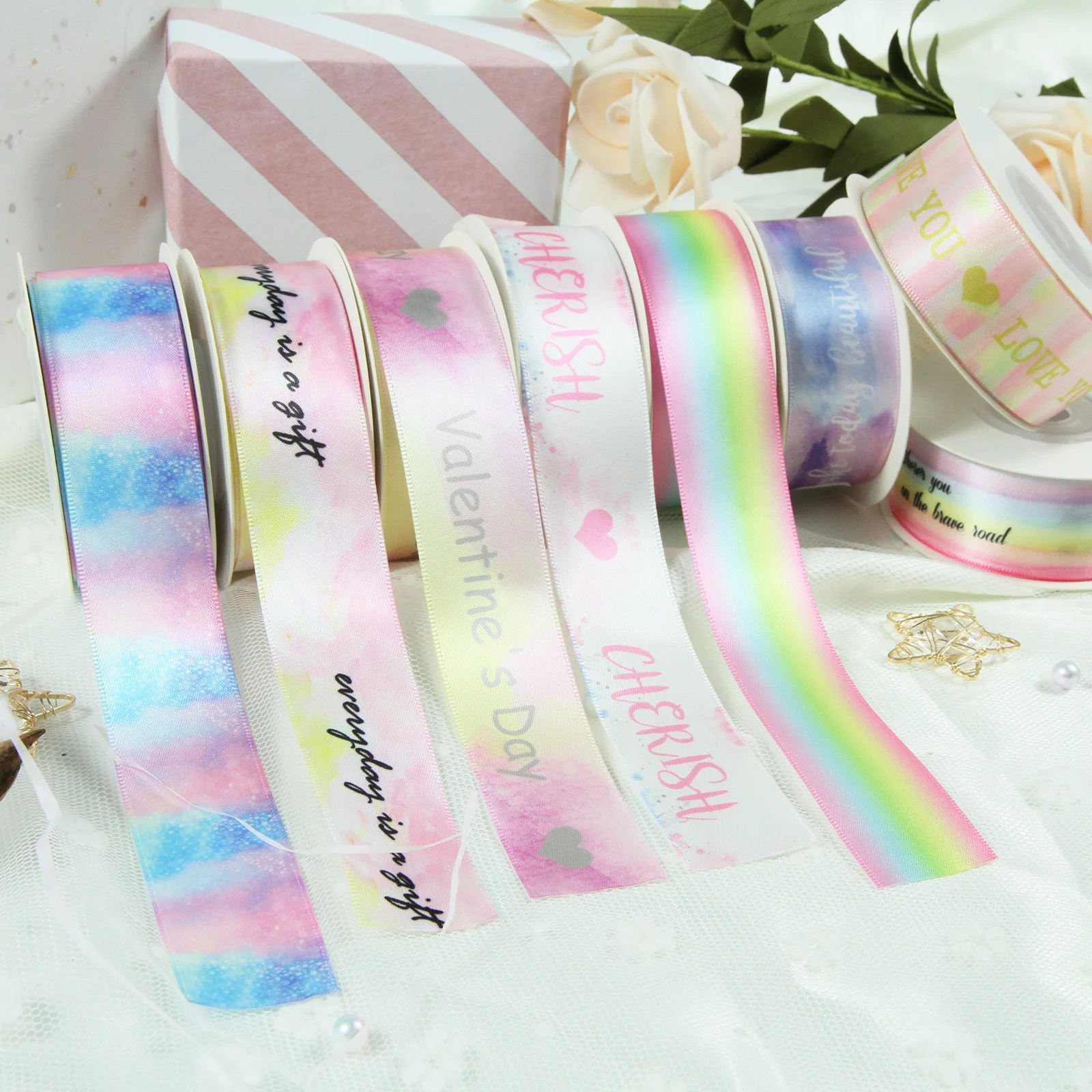 7/8&quot 22mm Gold Foil Gold/white Diamond Pink/aqua Grosgrain Ribbon Gift Packing Deco 10Yards/roll Webbing Diy Supplies | Дом и сад