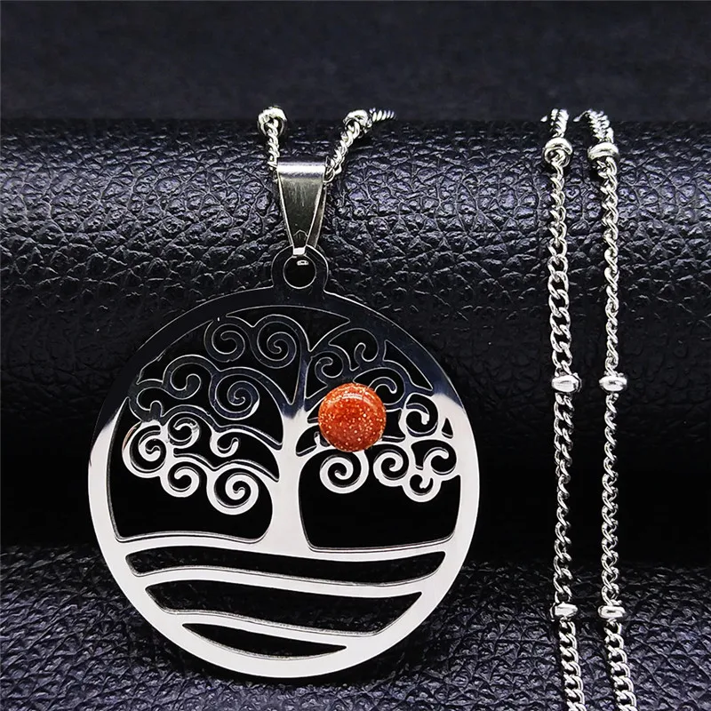 

Stainless Steel Natural Stone Tree of Life Chain Necklaces Silver Color Necklace Charms Jewelry chaine acier inoxydable N47S04