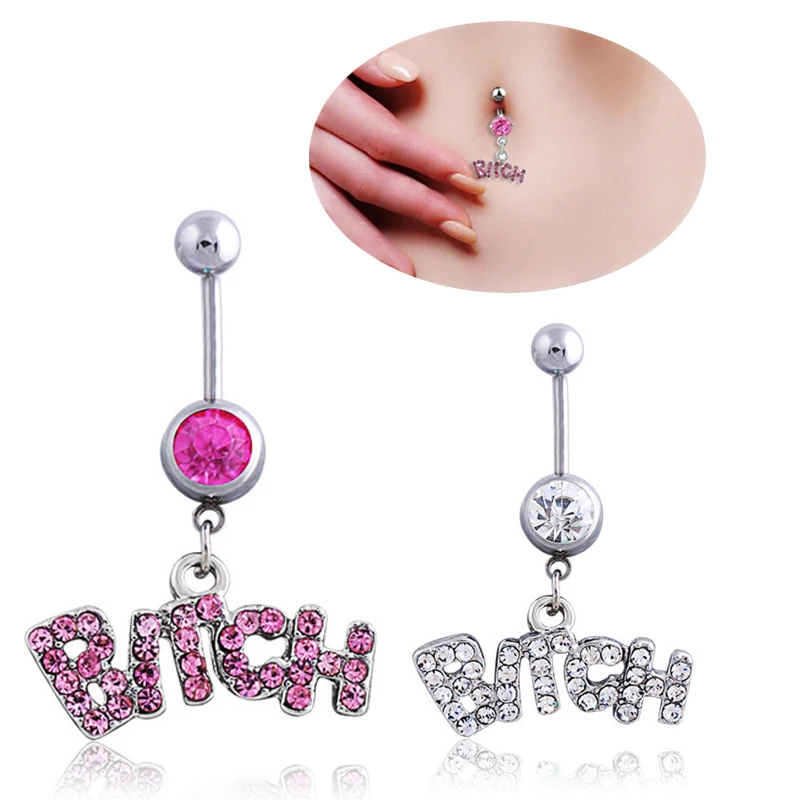

Goth Steel Rhinestone Sexy Letter BITCH Dangle Navel Belly Button Belly Rings Body Piercing Jewelry Summer Beach Accessories