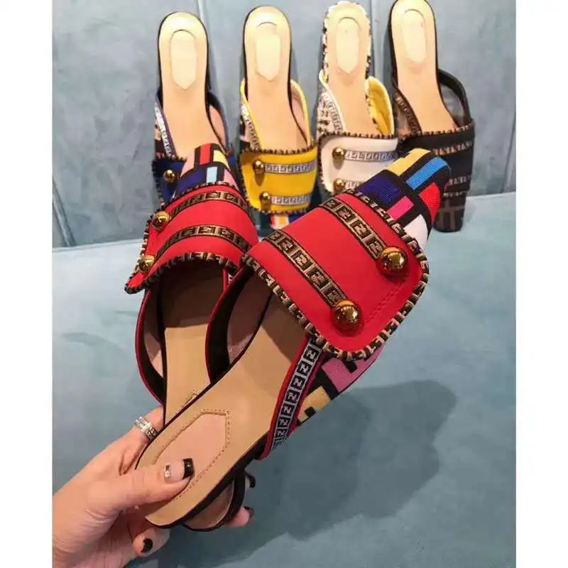 

2021 Spring And Autumn New Same Style Net Red Baotou Fashion Personality Printing Flat Half Slippers Wild Mule Shoes Women