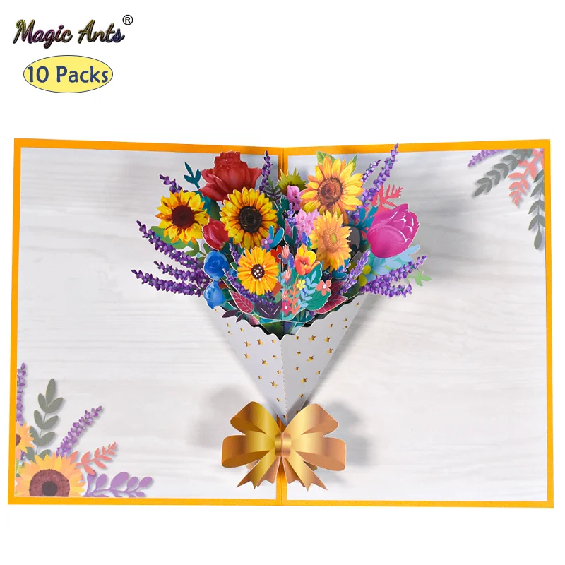 

10 Pack Pop-Up Mothers Day Card, 3D Flora Bouquet Greeting Cards, Sunflower Pop Up Birthday Card for Mom Wife