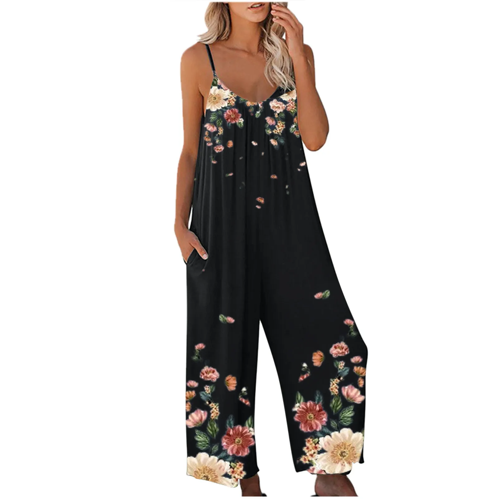 

Summer Women Jumpsuits Solid Casual Loose Harem Playsuits O-Neck Embroidery Overalls Front Pockets Sleeveless Rompers