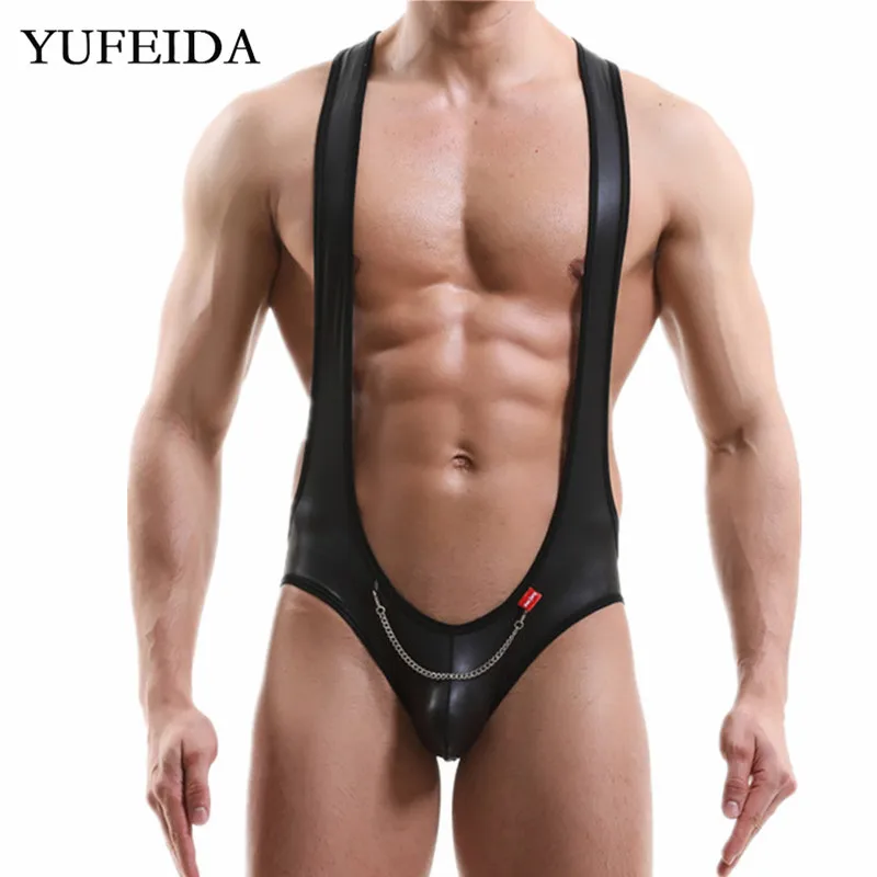 

Sexy Mens Undershirts Backless Underwear Wrestling Singlet Leotard Jockstrap Jumpsuit Bodysuits Gay PU Leather Wet Look Clubwear