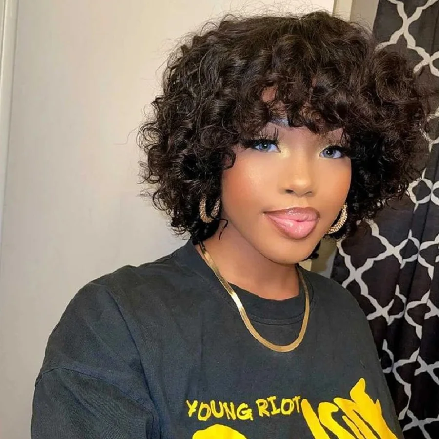 Short Hair Rose Funmi Curly Wig With Bangs Human Full Machine Made Deep Wave Fringe Bob Virgin Brazilian | Шиньоны и парики