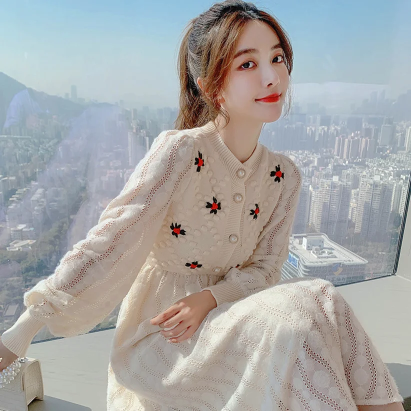 

Knitting Maxi Dresses for Women Female 2022 Korea Style Slim Embroidery Wool Long Sleeve Woman Dress Party Autumn Winter