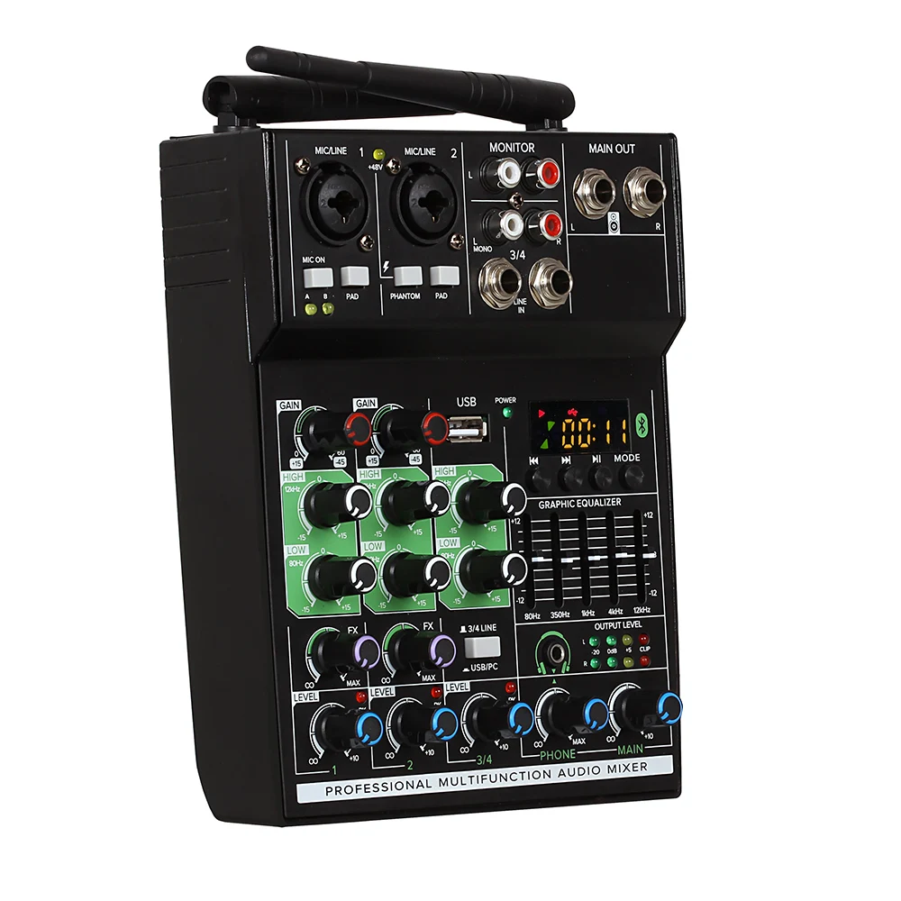 GT4 4 Channels Audio Mixer with1 Drag 2 Wireless Mics Mixing Console with Bluetooth USB Effect for DJ Karaoke PC Guitar - купить по