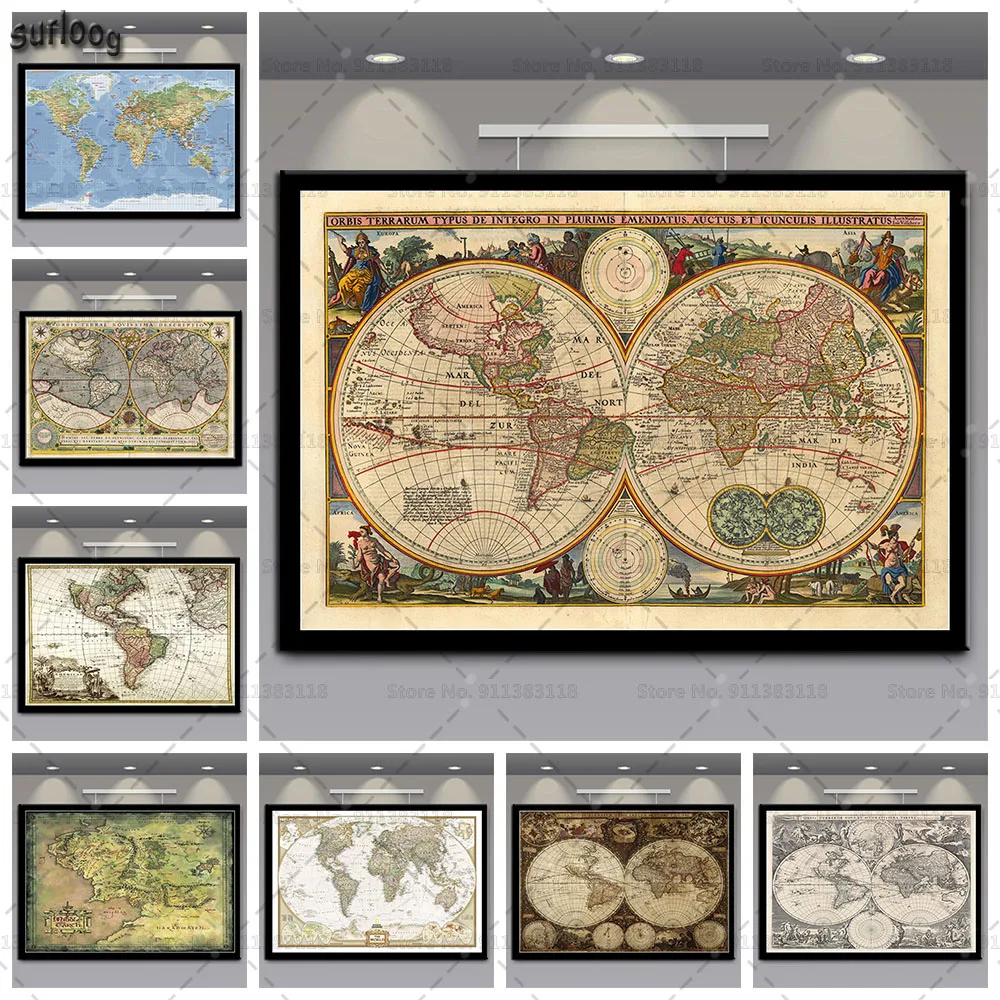 Старинная карта мира печать плаката на холсте для живописи постеры для украшения гостиной дома.